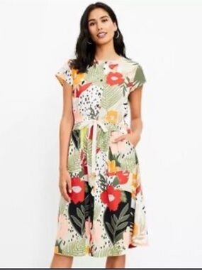 LOFT Multi-Color Floral Tie-Waist Midi Dress
